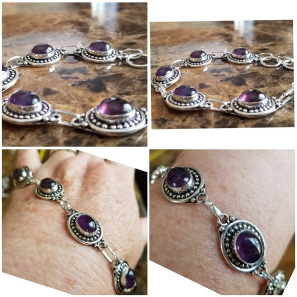 Genuine Amethysts Cabochons Bracelet 8.5" - Picture 2 of 3